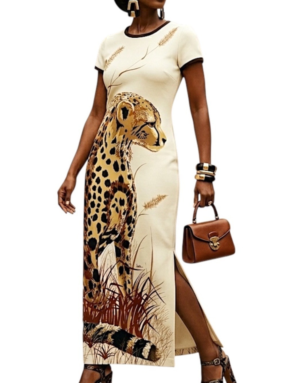 Vtg 70s Alfred Shaheen cream polyester screen print cheetah resort maxi dress 8